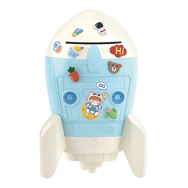 Rocket Shaped Piggy Bank Cute 2 Way Key Lock Plastic DIY Possible Space Theme Money Saving Box for Kids Blue