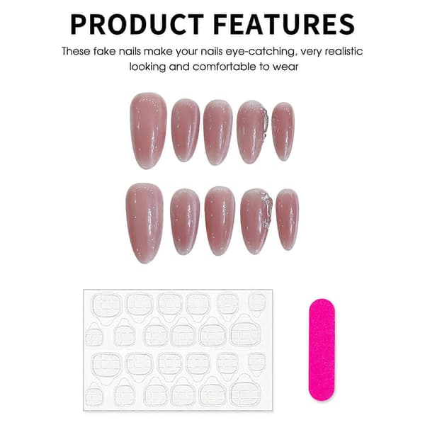 Pink Press-On Nails with Cat Eye Decor with Natural and Smooth Edges L