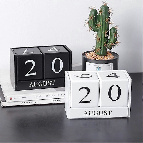Skrivbordskalender i trä - Evighetskalender med block för månad och datum, heminredning, kontorsdekoration (Svart)