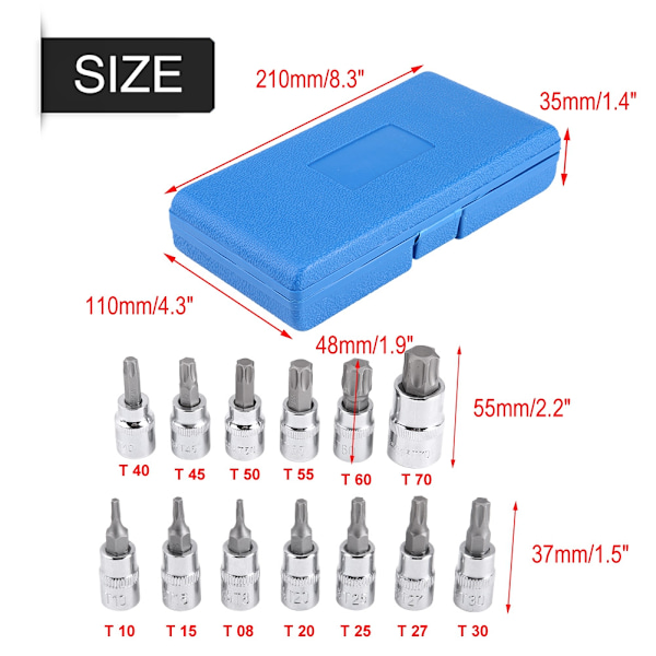 13-osainen Torx-tähtipäähylsysarja 1/2 tuuman, 3/8 tuuman ja 1/4 tuuman kiinnityksellä