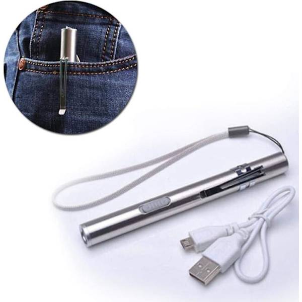 3-paks mini-USB oppladbare LED-lommelykter i rustfritt stål for mekanikere, sykepleiere og leger