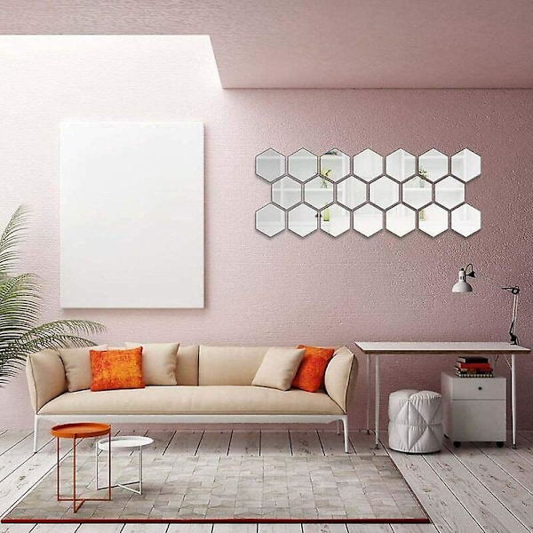 24 Stycken Hexagon Akryl Spegel Väggdekaler Självhäftande Väggdekor för Hem, Vardagsrum, Sovrum (12.6 x 11 x 6.3 cm)