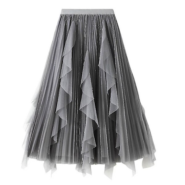 Grå Mesh Ruffle Tutu Lång Swing Kjole för Kvinnor