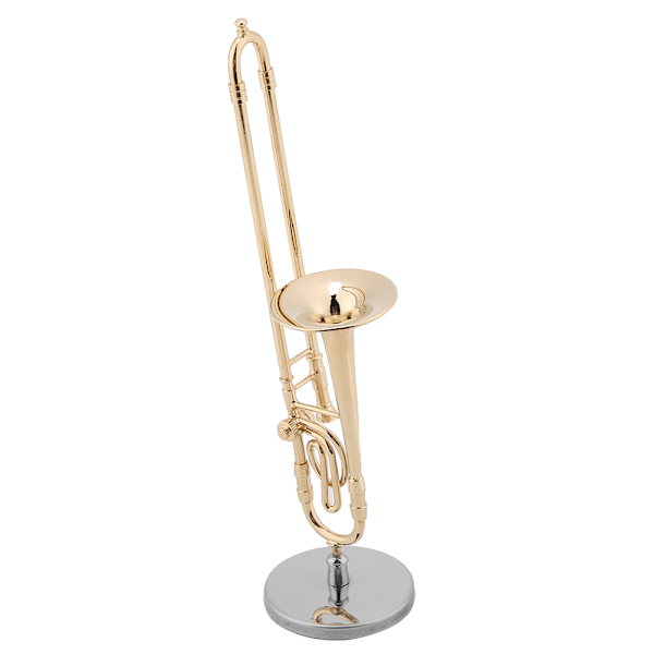 Miniatyr trombone replika med stativ og veske Gullbelagt instrumentmodell Musikalske ornamenter