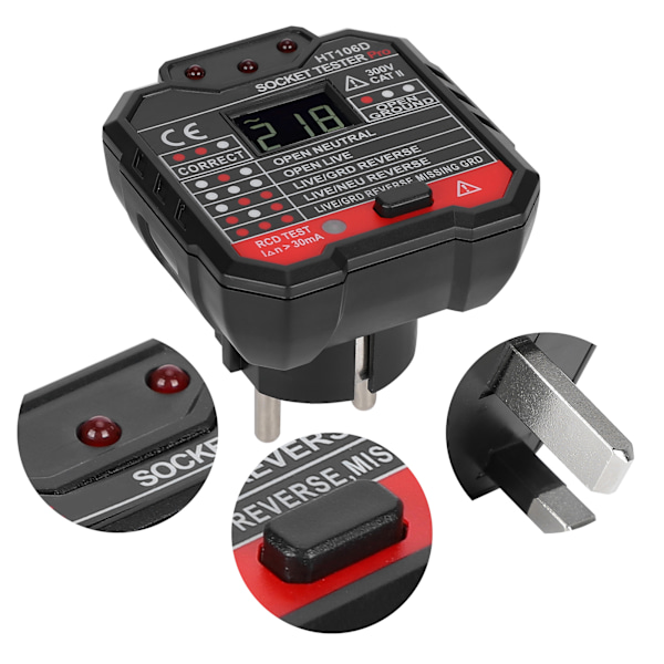 HT106D Digital Display Socket Detector Bærbar Fase Strøm Polaritet Tester EU Plugg 110-220V