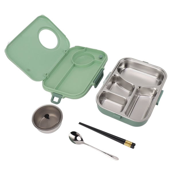 Bentoboks med 4 rom, 1200 ml, 304 rustfritt stål, isolert med suppebolle, lokk, skje, spisepinner, lunsjboks for studenter, kontorarbeidere, grønn