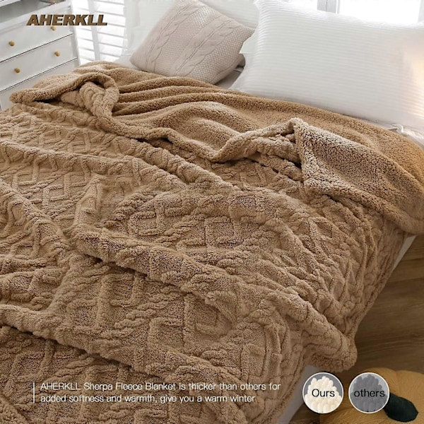 Sherpa Fleece Plaider, Vintertæpper, Vendbar Hyggelig Blød Plaider til Seng, Sofa, Stol, Store Jacquard Coral Fleece Plaider, 150x200cm