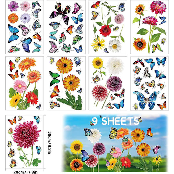 Självhäftande fönsterdekaler med fjärilar, fåglar och blommor - 9 ark