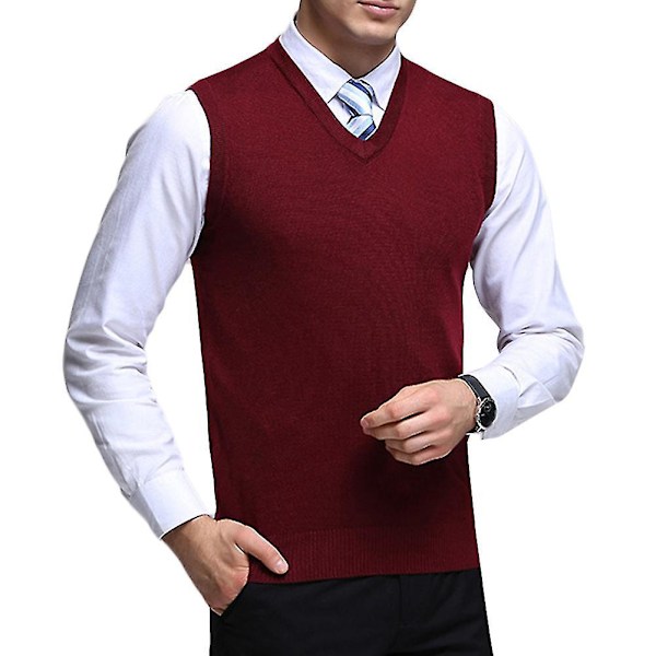 Solid Knitted V-neck Waistcoat for Men's Casual Autumn Wear 2XL Red