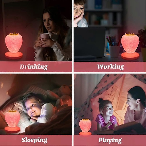 Jordbær Natlampe, Sød Silikone Natlampe, Børne Natlampe, LED Natlampe, Børne Sengelampe, USB Genopladelig, 3 Touch Kontrol Tilstande (Pink