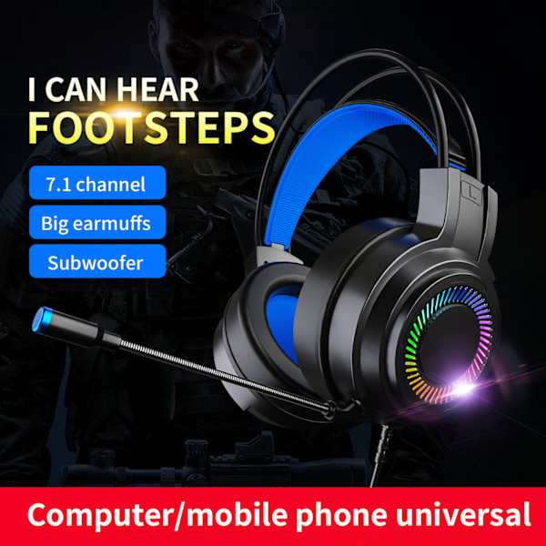 Gaming Wired Headset Multifunksjon 7.1 Lydkanal Fargerik 3.5mm PC Gaming Headset med Mikrofon for Gaming Svart