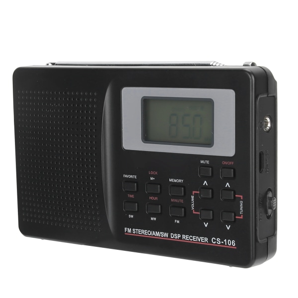 CS‑106 fullbåndsradio mini FM/AM/SW/MW-mottaker med digital klokkehodetelefon