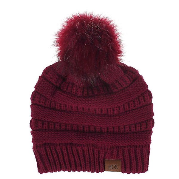 Vinröd - Vintermössa med tofs för damer, fleecefodrad, varm, tjock, slapp, stickad snömössa, chunky baggy skull ski cap