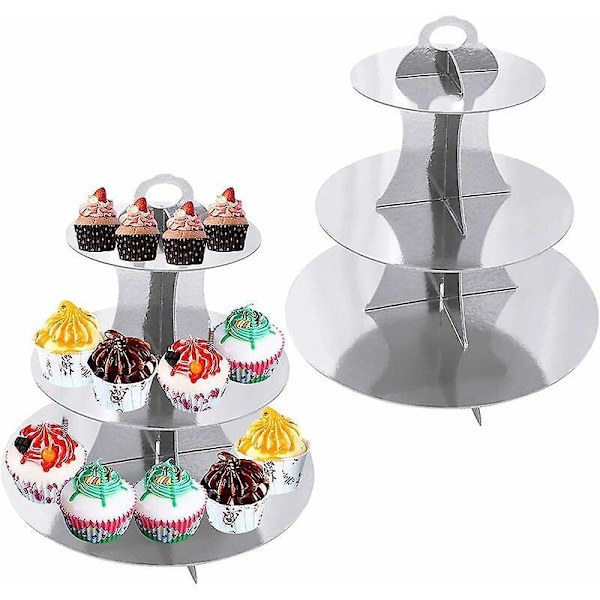 2 stk. Fødselsdags Cupcake Stativer, 3-lags Papkage Stativ, Eftermiddags Te Dessert Frugtholder Kage Display Tårn, Bryllupsfest Servering (Sølv)