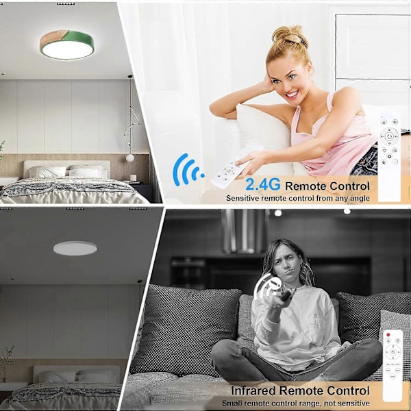 Taklampe i tre, dimbar taklampe 3000K-6000K, fjernkontroll LED taklampe, 18W moderne lampe, 30CM, Grønn