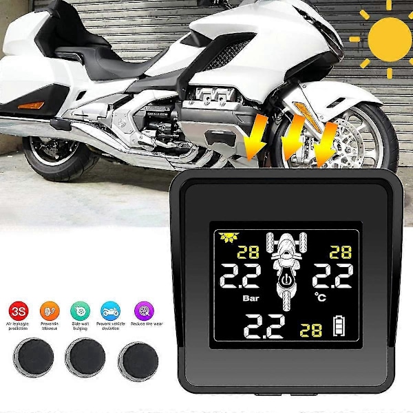 Solar Trådlöst Däcktrycksövervakningssystem Motorcykel TPMS Däcktrycksmätare LCD-skärm 3 Externa Sensorer