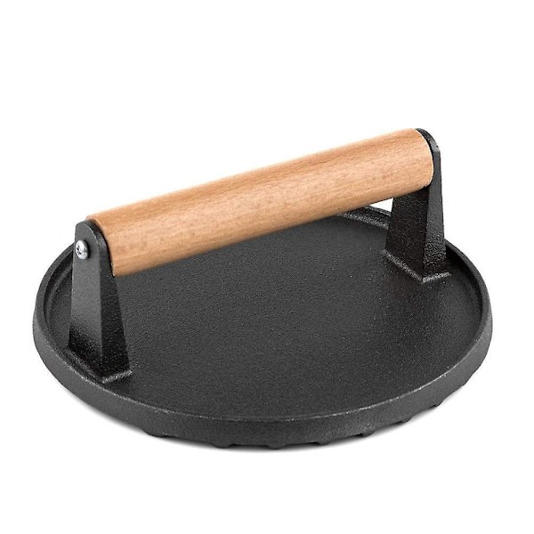 Heavy Duty Burgerpresse i støbejern med træhåndtag - 17 cm rund BBQ-presse