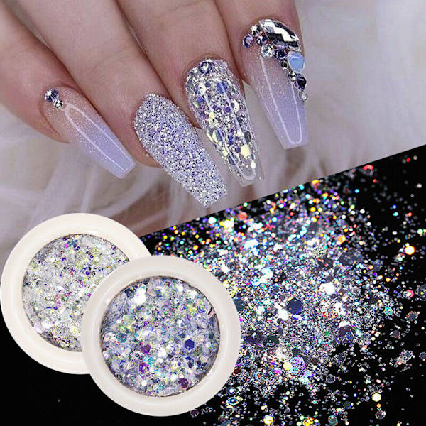 8 lådor/set nagelglitter, paljetter, flingor, glittrande 3D-nagelkonstflingor, nagelglitterdekoration