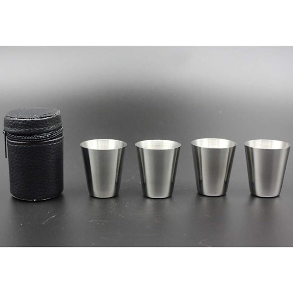 4 stk. 30 ml (1 oz) sort rustfrit stål PU-læder etui til udendørs camping rejse kaffe te kop, sølvfarvet kop, sort etui