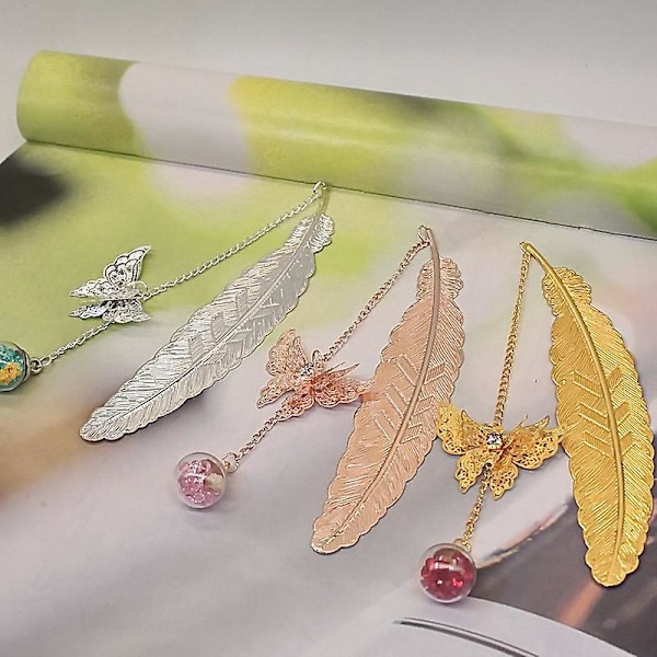 3D Butterfly Dry Flower Metal DIY Feather kirjanmerkki, hopea sulka ja vaaleanpunainen timantti [erillinen pakkauslaatikko mukana]
