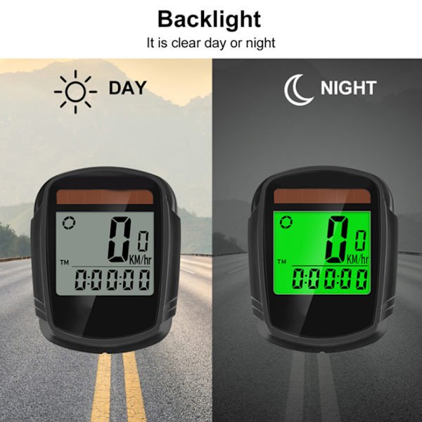 PVC Trådløs Solar Cykelcomputer Mountain Road Bike Vandtæt Lysende Speedometer Cykeltilbehør