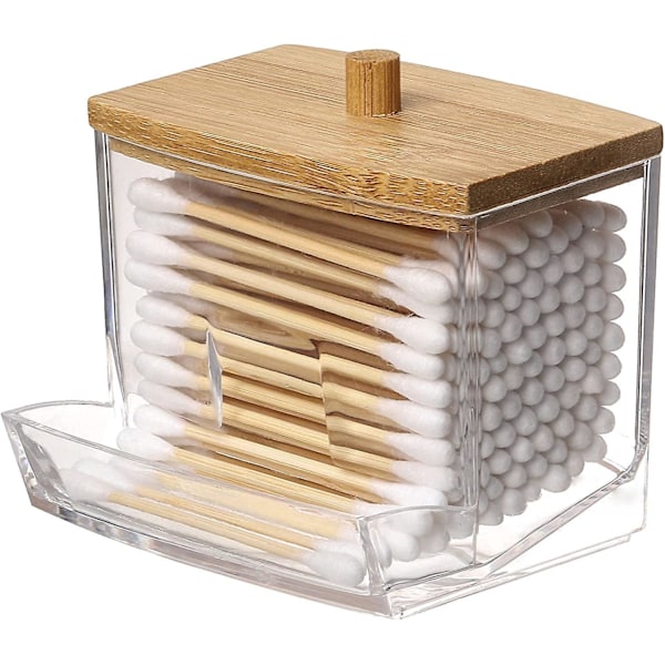 Cotton Swab Holder with Wood Lid - Bathroom Storage Container for Cotton Pads and Buds