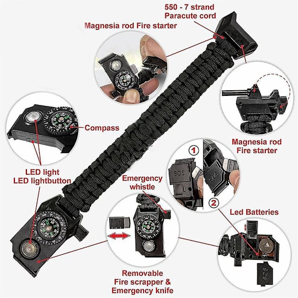 Overlevelsesarmbåndsett med paracord - Taktisk nødsituasjonsutstyr med LED-lys, multiverktøy, ildstarter, kompass og fløyte
