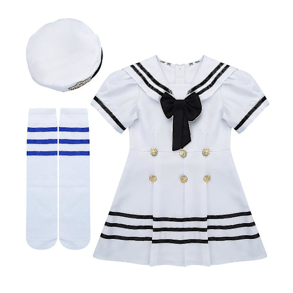 Sømandsuniform Cosplay Kostume Sæt til Piger 130cm - Sort & Hvid