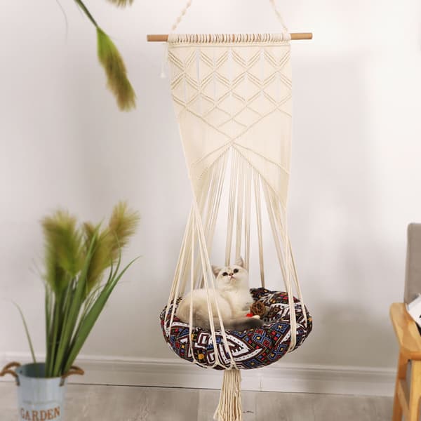 Macrame-hängmatta för katter, vävd kattbädd, väggdekoration