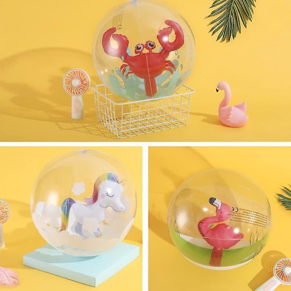 Barne-strandball *3 stk, Transparent oppblåsbar strandball, Svømmebasseng strandball, Dyrestrandballer med flamingo, enhjørning, krabbe, oppblåsbar strand