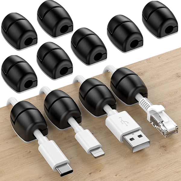 Tønnesformet kabelholder, kabelstyringsklips, selvklebende silikon, skrivebords- og nattbord-USB-organisator, 16 stk (svart)