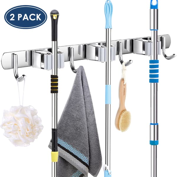 Kosteskaft Holder Rustfrit Stål 3 Clips og 4 Kroge Grå Moppeholder Pakke med 2 til Køkken