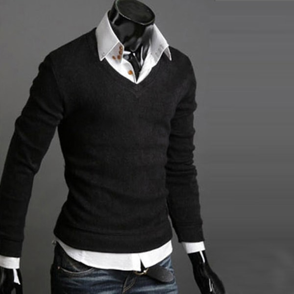 Klassisk strikket V-hals sweater til mænd - Langærmet pullover L Sort