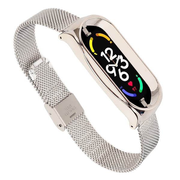 Rustfri stål mesh rem, moderigtig, åndbar, fleksibel erstatningsrem, tilbehør, der passer til Mi Band 7, sølv