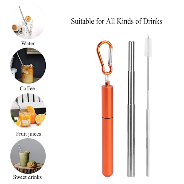 Bärbar rostfritt stål hopfällbart sugrör återanvändbart sugrör rengöringsborste kit för picknick orange