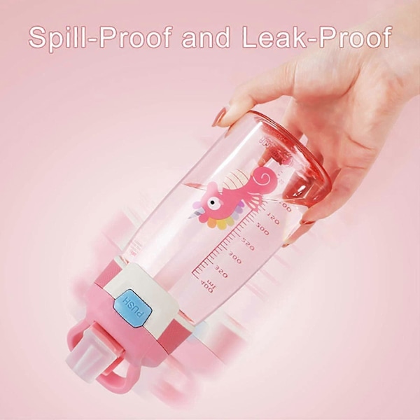 Vattenflaska för Barn med Sugrör, Återanvändbar Dricksflaska för Skolan, BPA-Fri, Läcksäker, 480ml, Rosa, Sjöhäst