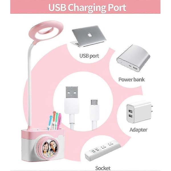 USB Oppladbar Skrivebordslampe for Barn med Penneholder - Øyevennlig Leselampe - Dimbar Nattbordslampe med Berøringssensor