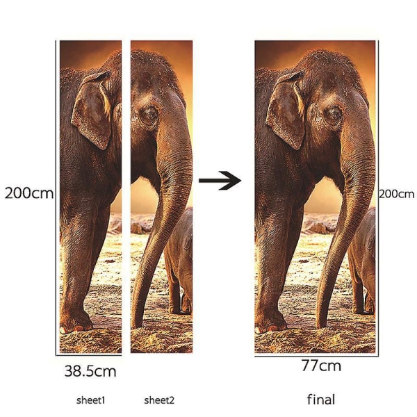 3D Elephant Walk Outdoor Door Sticker Väggmålning - Vinkällare Tema - Vattentät PVC tapet för sovrum, badrum, kök - 77x200cm