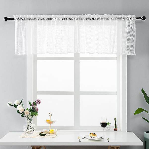 Fönstergardin i fyrkantig spets - 29x39 tum, Vit & Blå