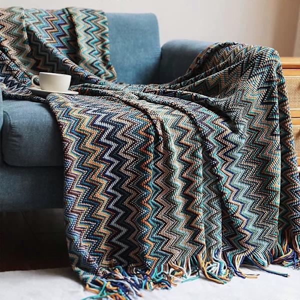 Boheme Strikket Plaider Nordisk Stil Plaid med Kvaster, Akryl Strikket Plaid Dekorativ til Sofa Stol Seng Divan 127 * 152cm, blå