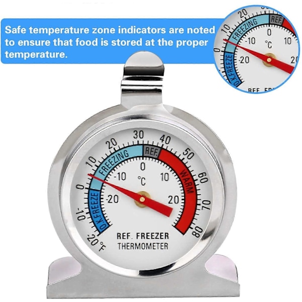 3 stk. Stort Display Rustfritt Stål Temperatur Kjøleskapstermometer for Fryser med Hengekrok og Stativ (3 stk.)