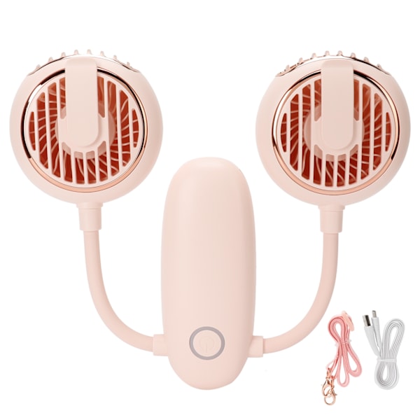 Dual‑Head USB Fan 360° Rotating Portable Neck‑Hanging Electric Fan for Outdoor TravelPink