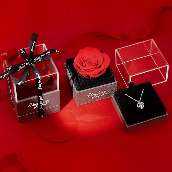 Immortal Röd Ros med Jag Älskar Dig Halsband på 100 Språk - Eviga Rosblommor för Fru Flickvän Årsdag Alla Hjärtans Dag Mors Dag Jul