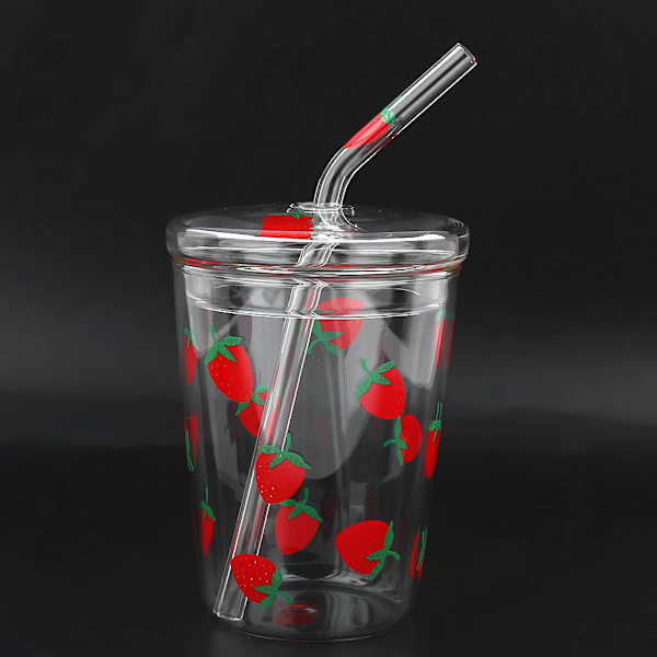 Varmebestandig klart jordbærmønster kaffe juice drikkevannsglass kopp med sugerør lokk