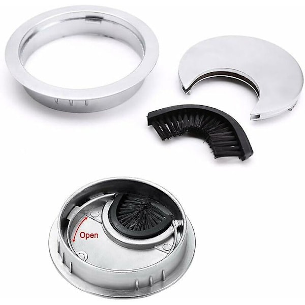 Sett med 2 runde innebygde kabelgjennomføringer, børstet stål design metallkabelgjennomføring, kabeloppbevaring for kontorbord diameter 60 mm - Sølv Pearl Chrome,