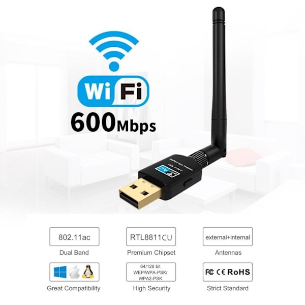 2.4G/5.8G USB Wifi Network Card Dual Band WiFi Adapter Wireless Wifi Receiver Compatible for Windows XP/Vista/7/8/10