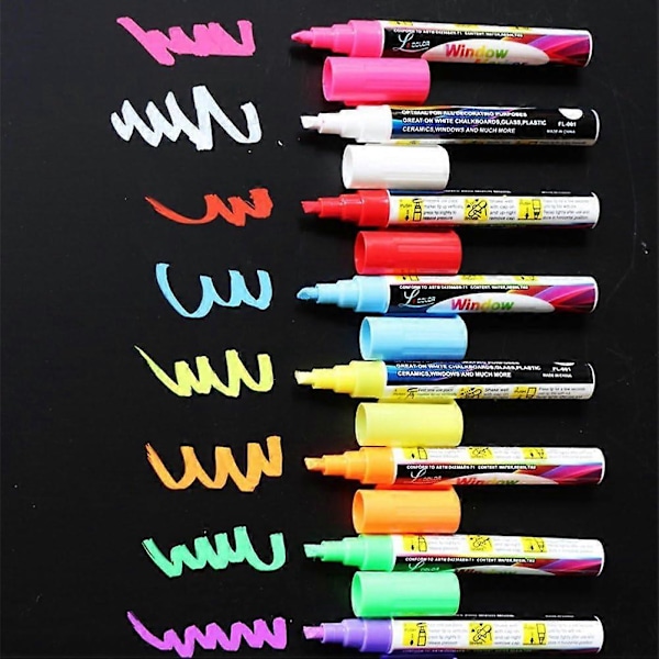 8 stk. Kridtmarkør Pen Tusser til Whiteboard 6mm Reversibel Rund & Mejselspids Fluorescerende Markører Overstregningstusser