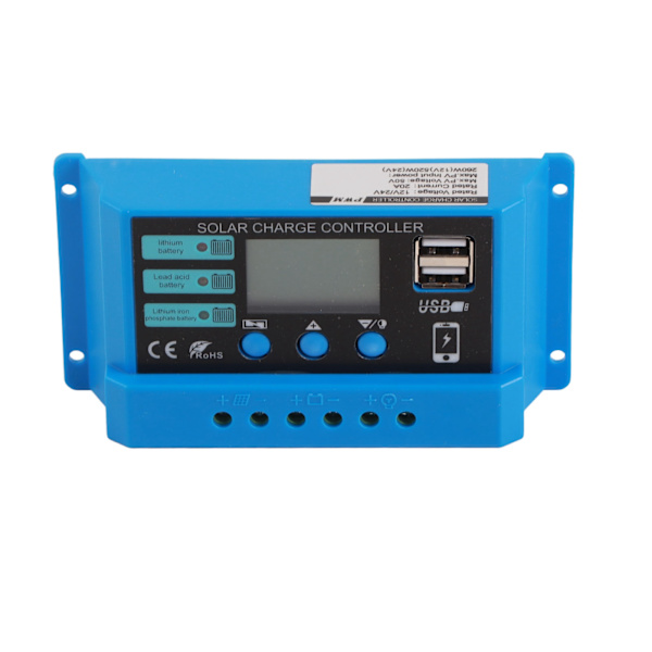 Solcelleladningsregulator 12V 24V Batteri Solpanel Ladningsregulator til Hjem RV 20A