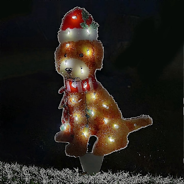 2D Lysande Jul Goldendoodle Hund, fluffig Doodle Hund med Ljusslinga Jul Akryl Utomhus Gräsmatta Ornament