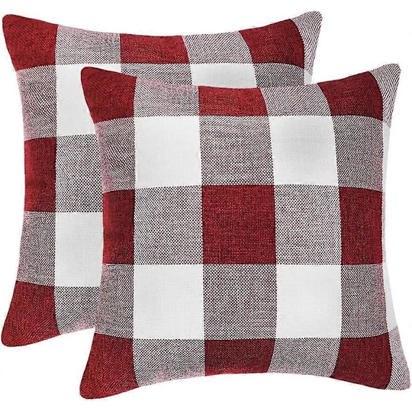 Maalaistalon tyyliset Puhveliruutupeitto Tyynynpäälliset Tyyny Kotelo Polyesteri Pellava Joulukoristeeksi Punainen ja Valkoinen, 18 x 18 tuumaa, 2 kpl